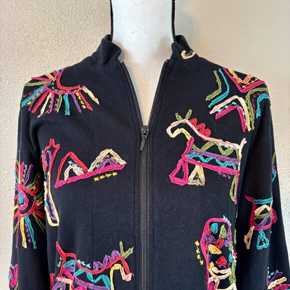 Adorable Abstract Line Art Horse and Lion Black Zipper Jacket Modern Women's L - Picture 5 of 11